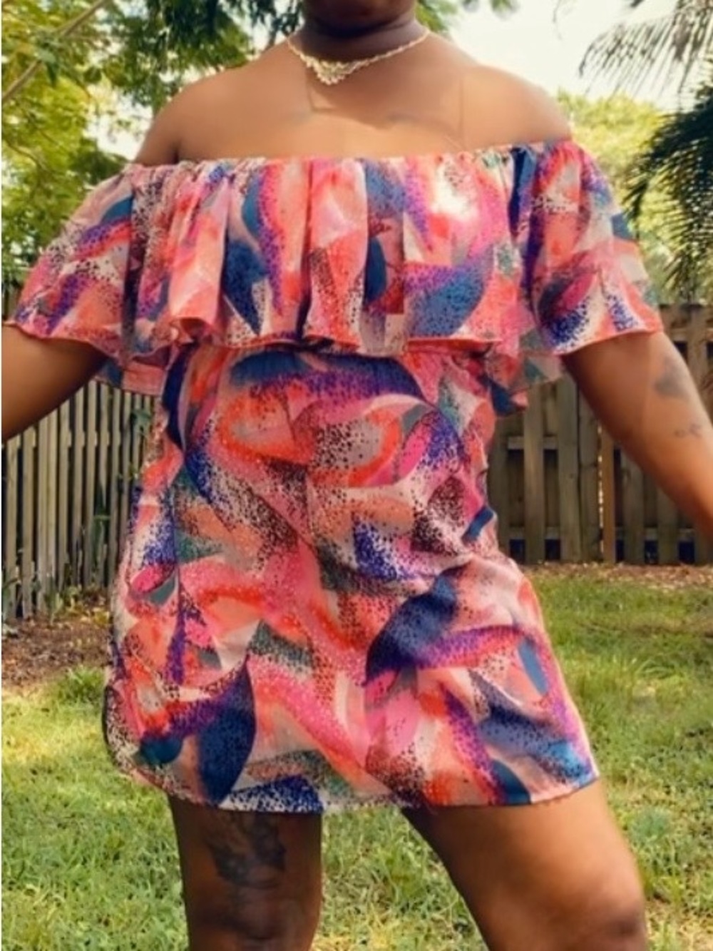 American Rag Strapless Off-Shoulder Ruffle Dress in Pink and Blue